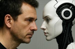 Ein Mann und ein Roboterkopf sehen sich an